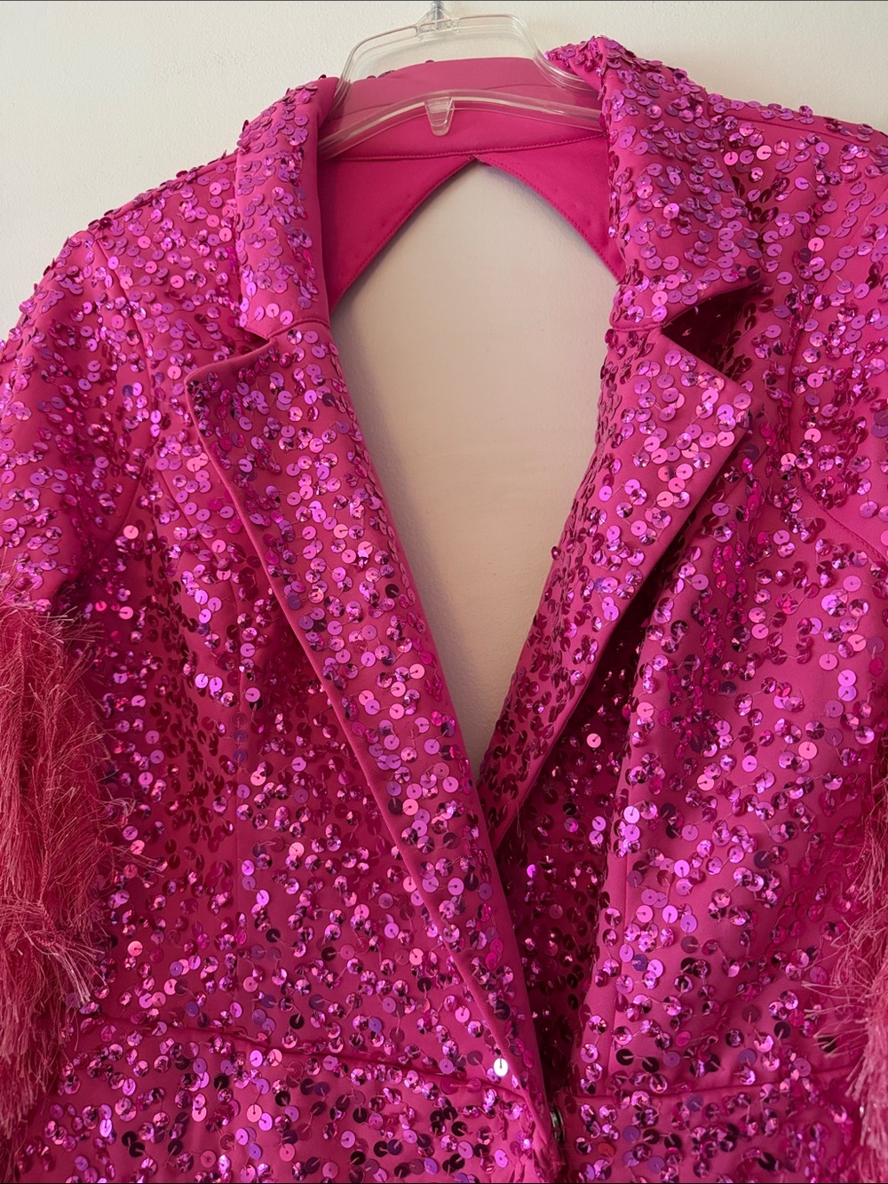 ASOS LUXE Pink Sequin Blazer Dress Backless Fringed Shag Sleeves Sz 12 NWT - Picture 8 of 10